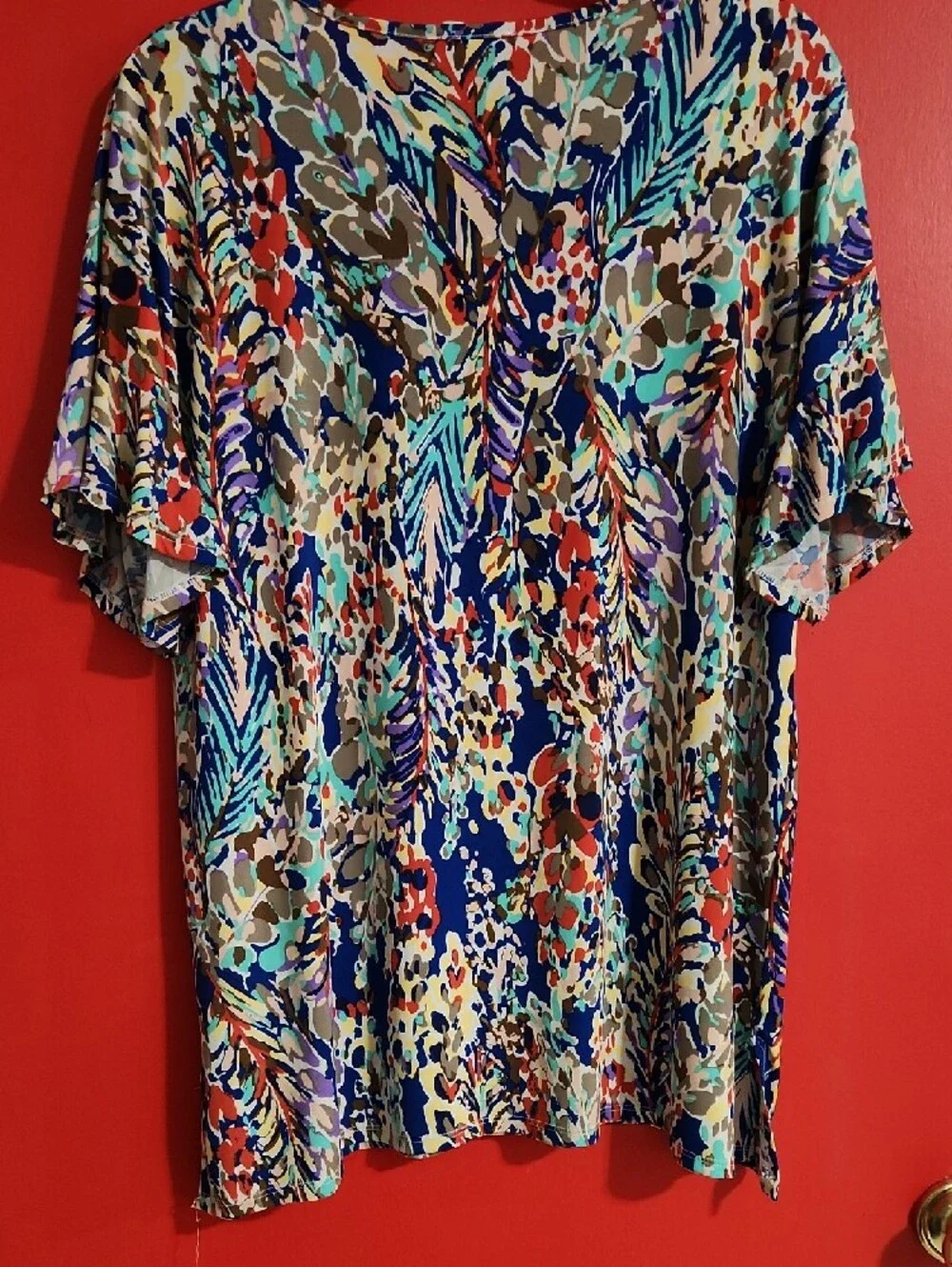 1X Womens Multicolor Printed Ruffle Sleeve Top - Picture 2 of 5